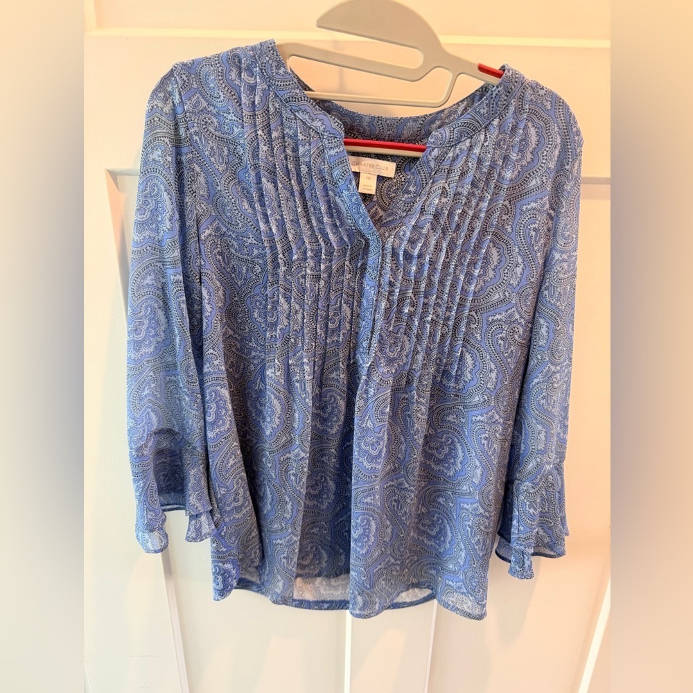 Charter Club Blue Paisley Pintuck Pleated V-Neck Blouse Petite Medium Flowy Top